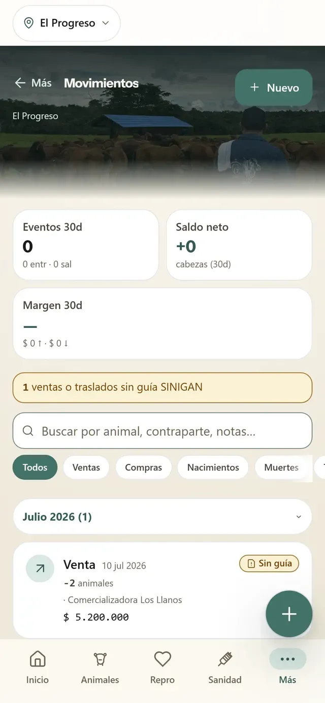 Captura real de Movimientos en la app Hatogest: saldo neto a 30 días y una venta registrada