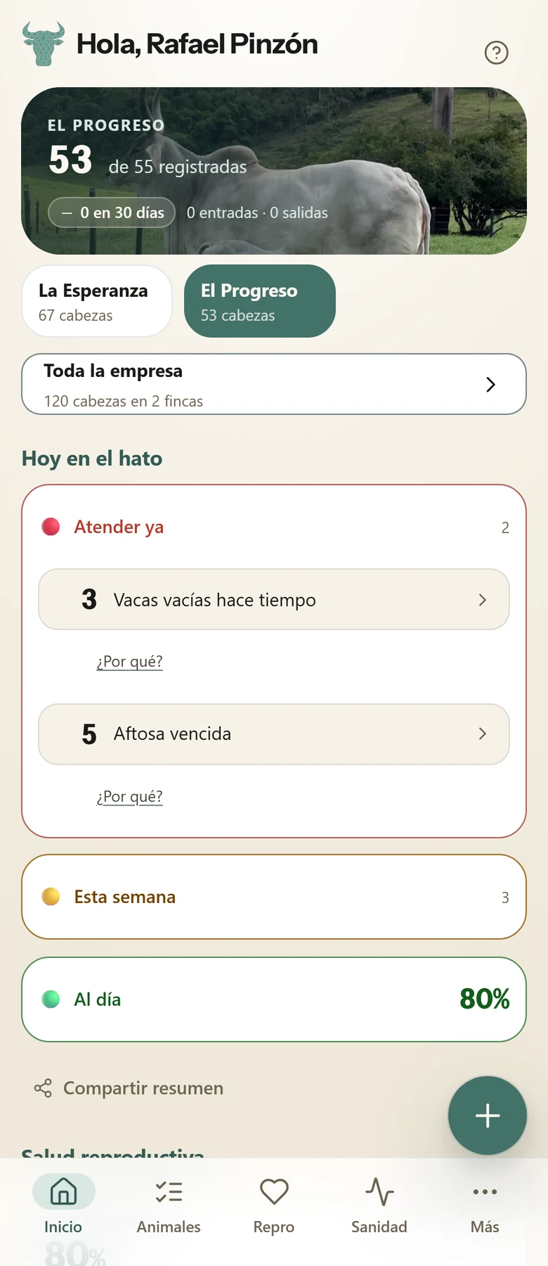 Captura real de Inicio en la app Hatogest: fincas registradas y las alertas del día que hay que atender