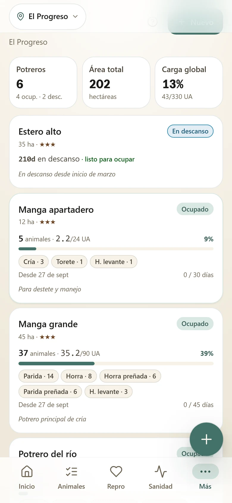 Captura real de Potreros en la app Hatogest: área total, carga global y el detalle de cada potrero