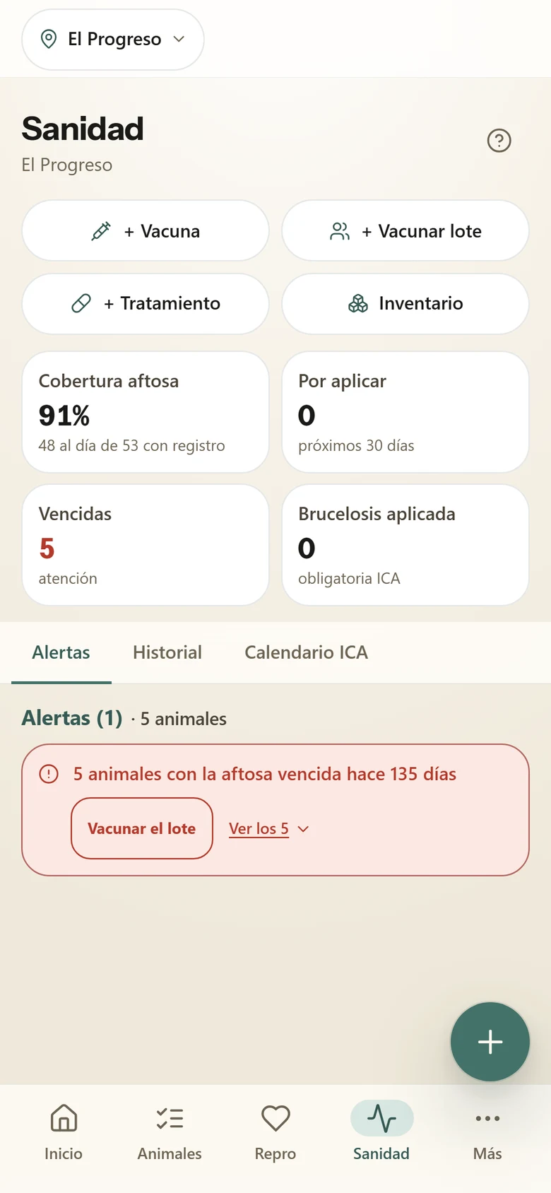 Captura real de Sanidad en la app Hatogest: cobertura de aftosa, animales con vacuna vencida y calendario ICA